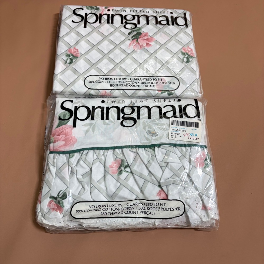 Vintage Springmaid Garden Gazebo Twin Sheet Set Pink Rose Lattice Eyelet NEW
